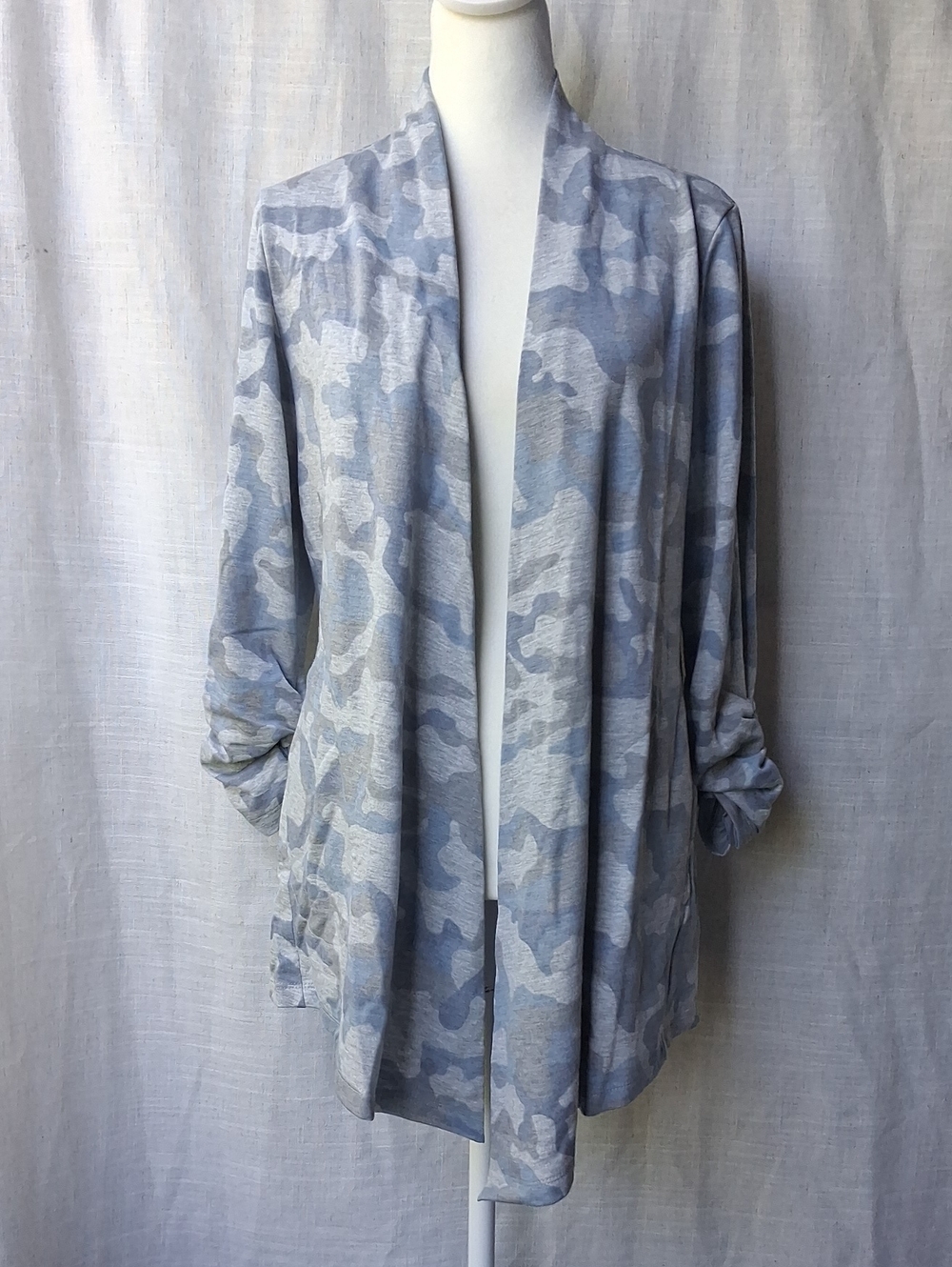 Susan Graver Lifstyle Melage Frent Terry Cardigan Blue Camo XS